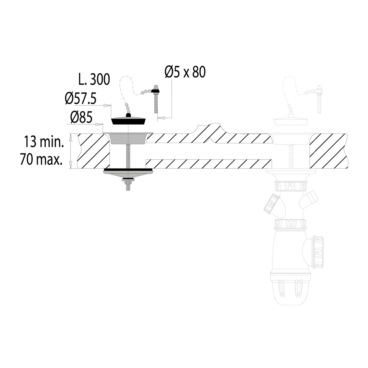 Kit tapón fregadero doble bandeja Ø60 dimensiones