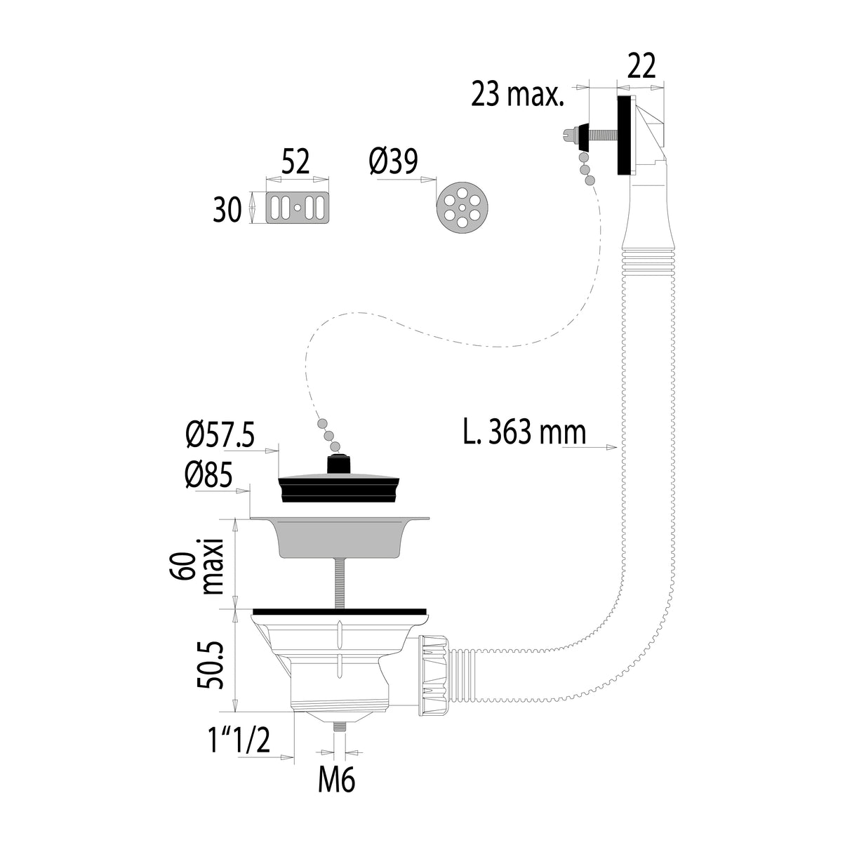 Tapón de lavabo de arenisca/sintético diámetro 60 con rebosadero dimensiones