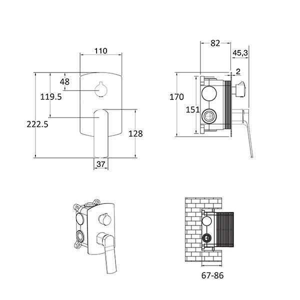 Mezclador mecánico empotrable para ducha negro dimensiones