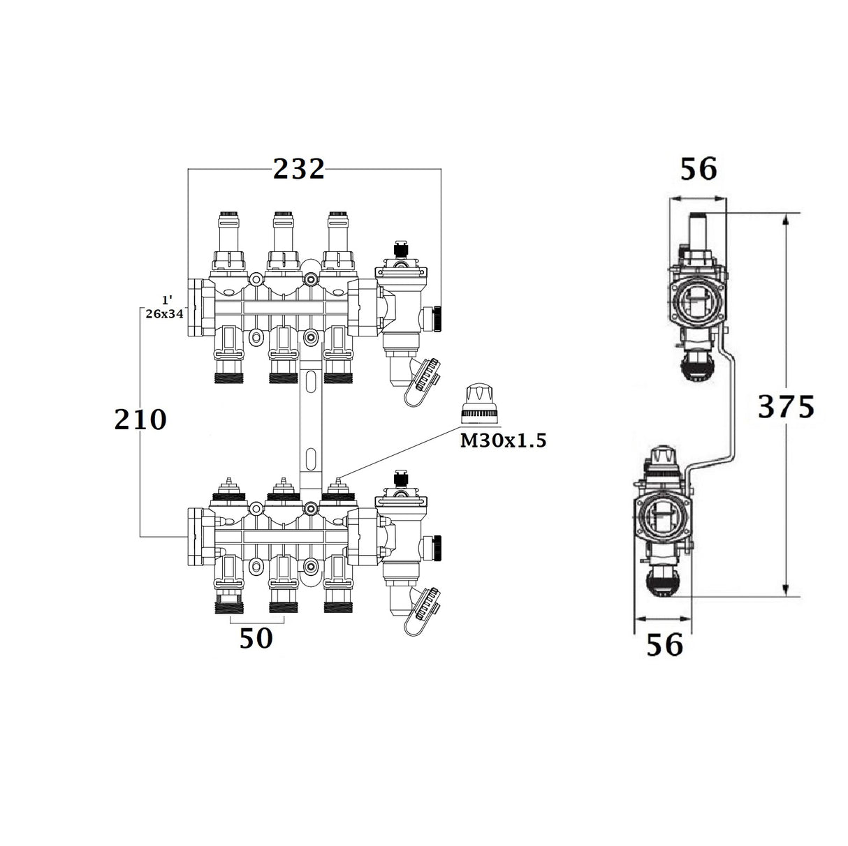 Colector para suelo radiante / refrescante dimensiones