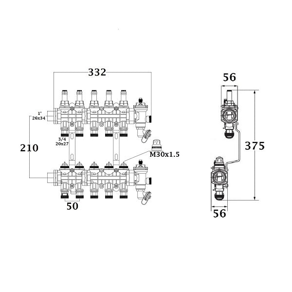Colector para suelo radiante / refrescante dimensiones