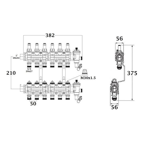 Colector para suelo radiante / refrescante dimensiones