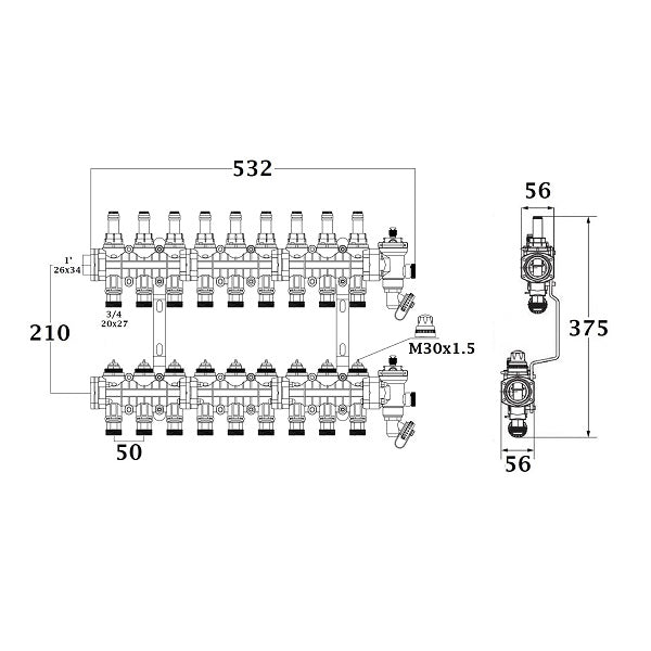 Colector para suelo radiante / refrescante dimensiones