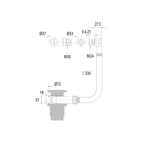 Desague fregadero con rebosadero y intercalador Ø24/30 dimensiones