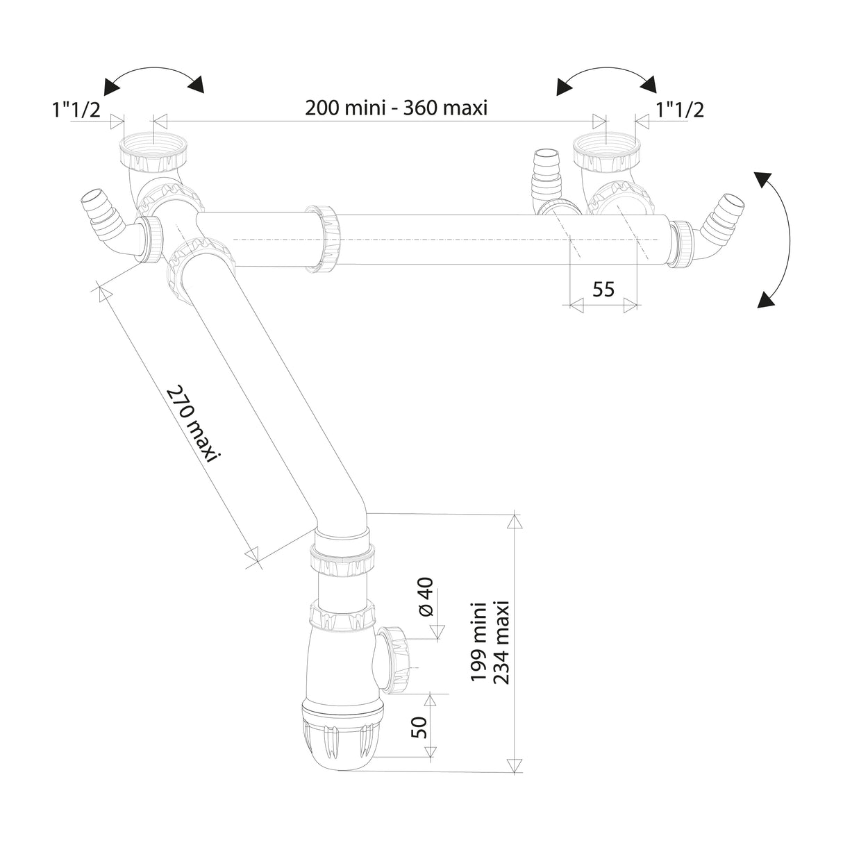 Tubo de conexión para fregadero 2 bandejas ahorro de espacio dimensiones