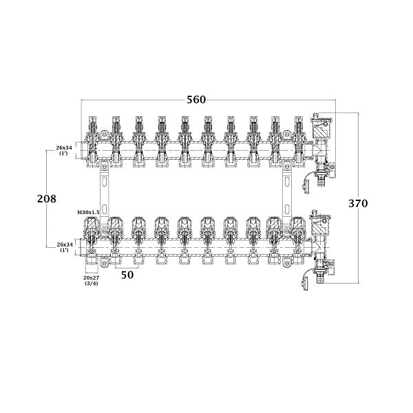 Colector para suelo radiante 10 circuitos dimensiones