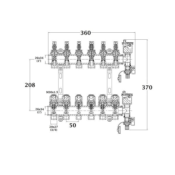 Colector para suelo radiante 6 circuitos dimensiones