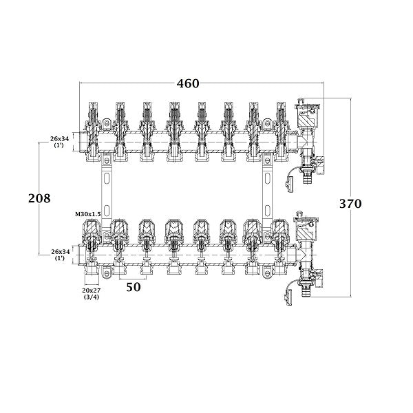 Colector para suelo radiante 8 circuitos dimensiones