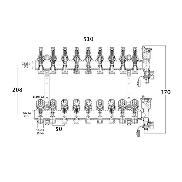 Colector para suelo radiante 9 circuitos dimensiones