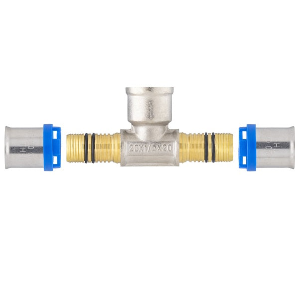 zoom en los elementos que componen el té hembra multicapa: manguito de acero inoxidable y doble junta tórica en la boquilla