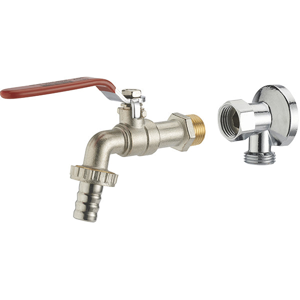 un grifo 1/4 de vuelta M1/2" con conexión en punta 15mm un Codo placa MH1/2" tuerca loca cromado.