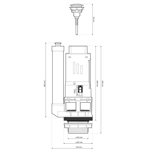 Conjunto WC mecanismo pulsador + Grifo alimentación dimensiones